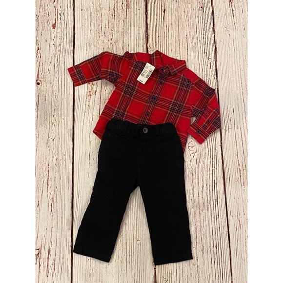The Children's Place 2pc set 6-9m 9-12m NWT EUC red plaid shirt black pants - Picture 1 of 2